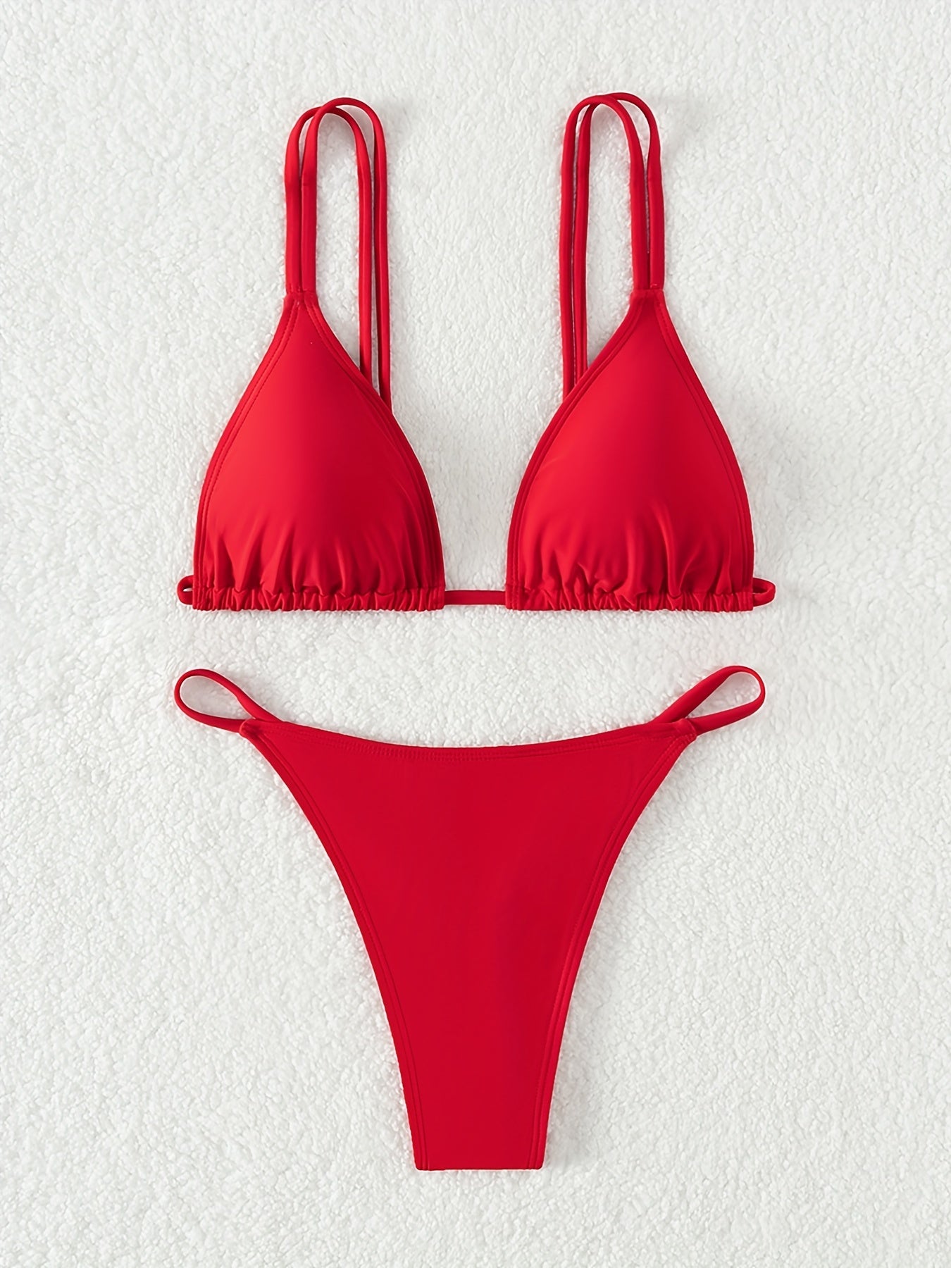 Bikini Solid Color Triangle V Neck 2 Piece Bikini Set for Women – Stretchy Double Strap Tie Back V String Swimwear with Lace Up Detail – Flattering Beach Vacation Swimsuit for Confident Summer Style and Poolside Fashion