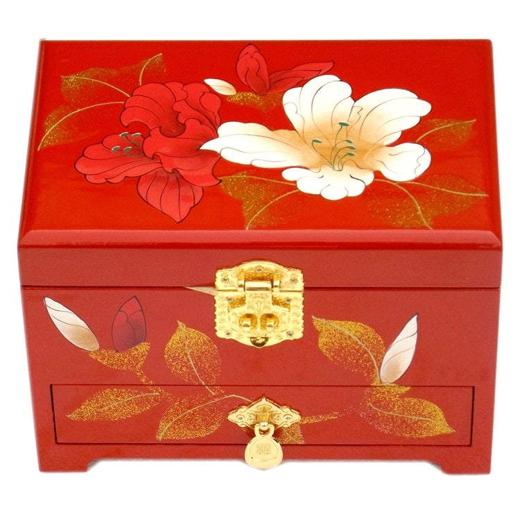 Push‑Top Lacquer Jewelry Box – Red & Black Dowry‑Style Wood Chest