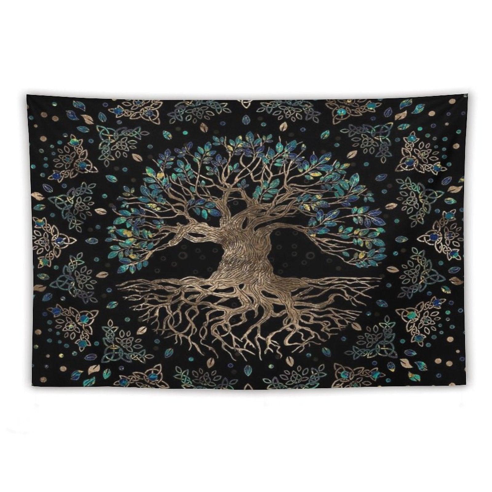 Tree of Life -Yggdrasil Golden And Marble Ornament Tapestry