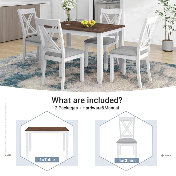 TOPMAX Rustic Minimalist Wood 5-Piece Dining Table Set with 4 X-Back Chairs for Small Places  White