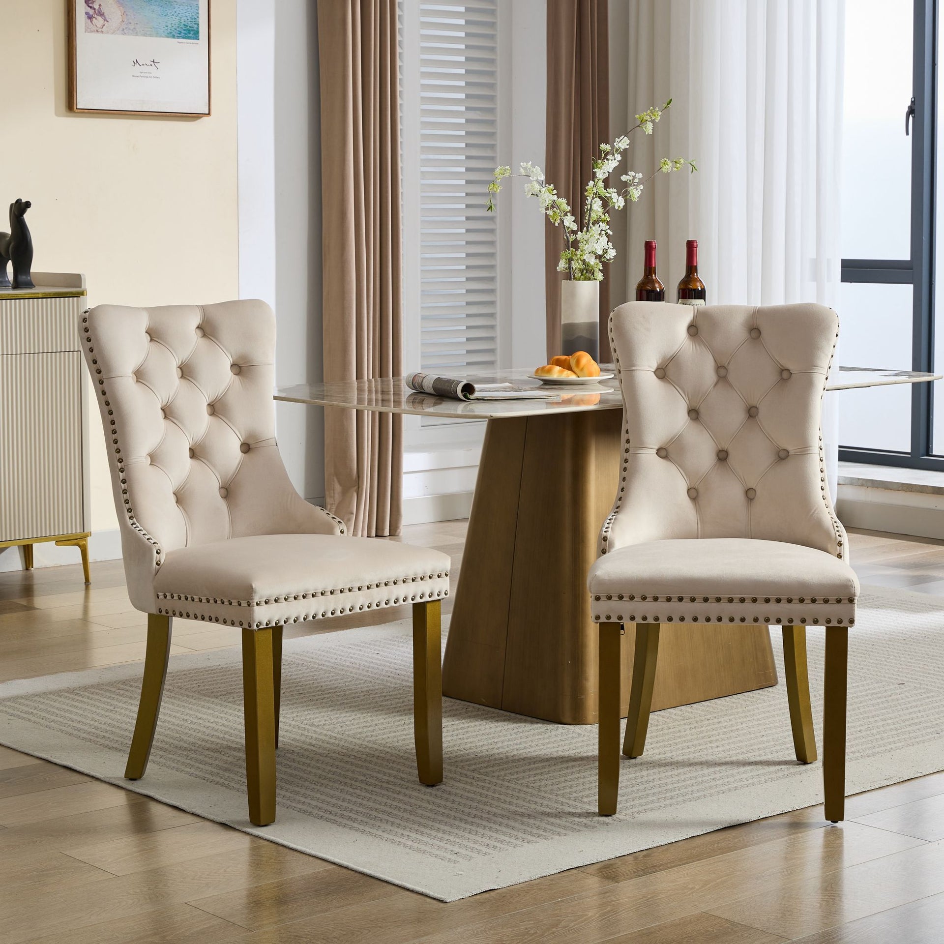 Mid-Century Modern Tufted Velvet Dining Chairs with Lion Head Pull Ring and Nailhead Trim