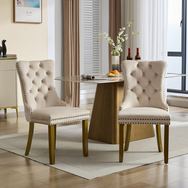 Mid-Century Modern Tufted Velvet Dining Chairs with Lion Head Pull Ring and Nailhead Trim