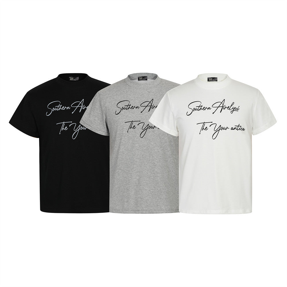 Handwritten English Letter Print Short Sleeve T-Shirt Men's Slim Fit Regular Shoulder Casual Round Neck Half Sleeve Top INS Trendy Tee