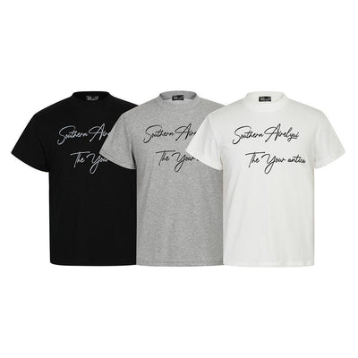 Handwritten English Letter Print Short Sleeve T-Shirt Men's Slim Fit Regular Shoulder Casual Round Neck Half Sleeve Top INS Trendy Tee