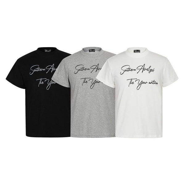 Handwritten English Letter Print Short Sleeve T-Shirt Men's Slim Fit Regular Shoulder Casual Round Neck Half Sleeve Top INS Trendy Tee