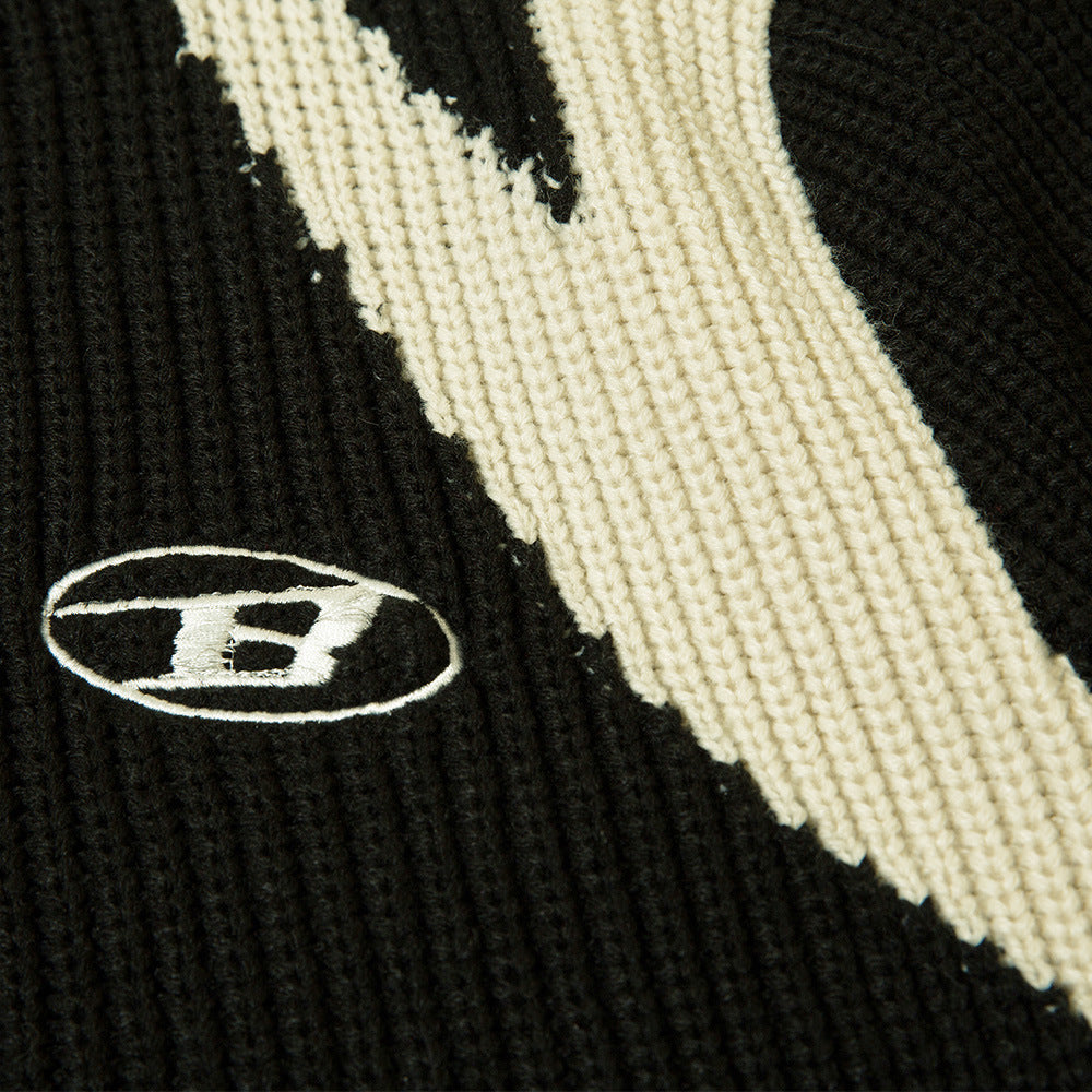 Color Block Zipper Cardigan Sweater Men's Autumn Street Style Stand Collar Long Sleeve Loose Knitwear