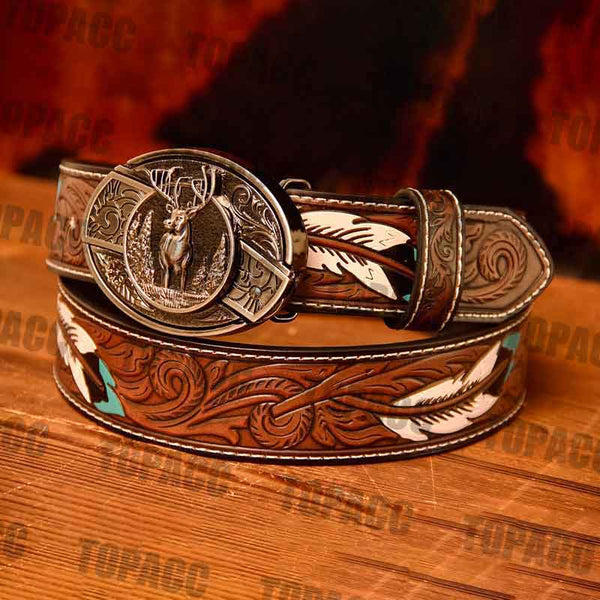 Waist 42-46 inch Western Leather Feather Belt - Block Buckle