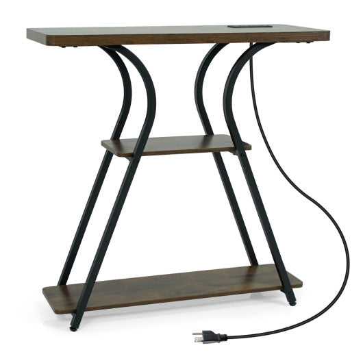 32 Inch Narrow Long Entryway Table with Power Outlets and LED Lights-Brown