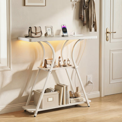 32 Inch Narrow Long Entryway Table with Power Outlets and LED Lights-Oak