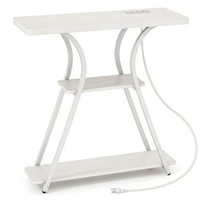 32 Inch Narrow Long Entryway Table with Power Outlets and LED Lights-Oak