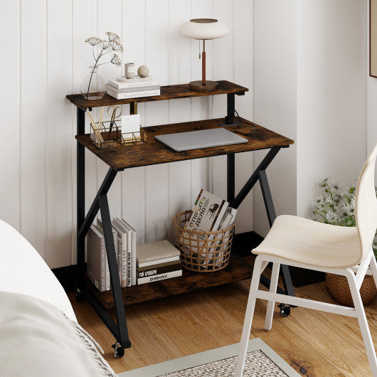 32 Inch Rolling Computer Desk for Small Spaces with Power Outlets-Rustic Brown