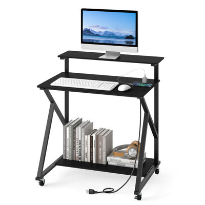 32 Inch Rolling Computer Desk for Small Spaces with Power Outlets-Black