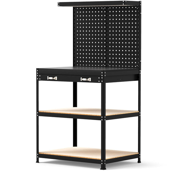 32 x 16 Inch Workbench Work Table with 2 PCs Pegboard Drawer and Shelves-Black