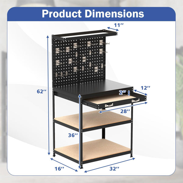 32 x 16 Inch Workbench Work Table with 2 PCs Pegboard Drawer and Shelves-Black