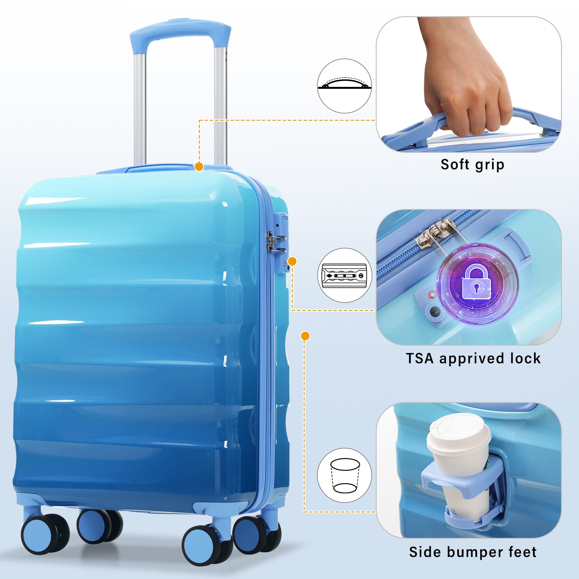 20' Carry-on Luggage with Cup Holder – Lightweight Glossy Hardshell Suitcases with Spinner Wheels, TSA Lock, Airline Approved, 2 Piece Set