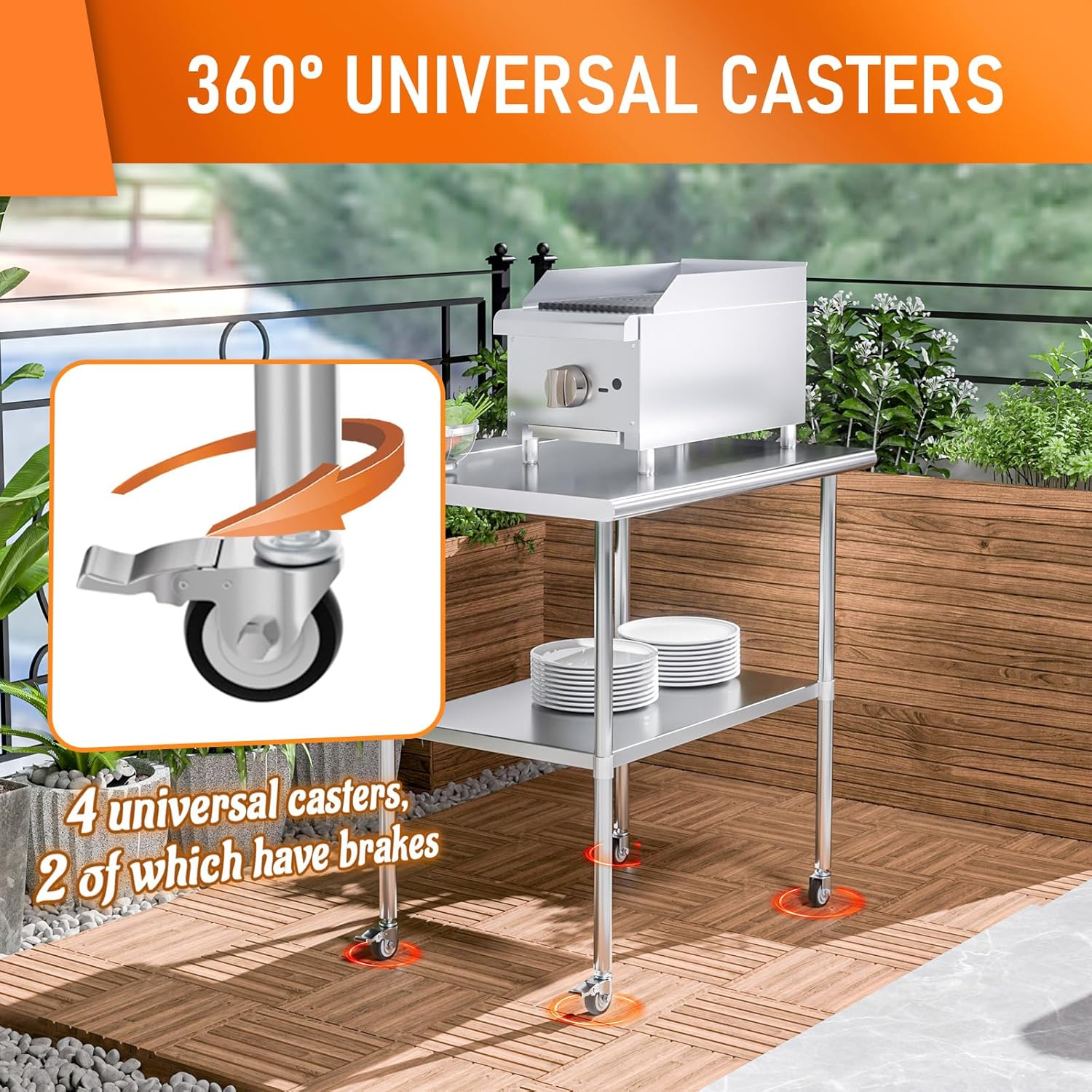 Stainless Steel Table 30 x 36 Inches Metal Prep Table with Adjustable Undershelf Wheels Stainless Table for Commercial Kitchen, Outdoor, Restaurant, Hotel & Garage