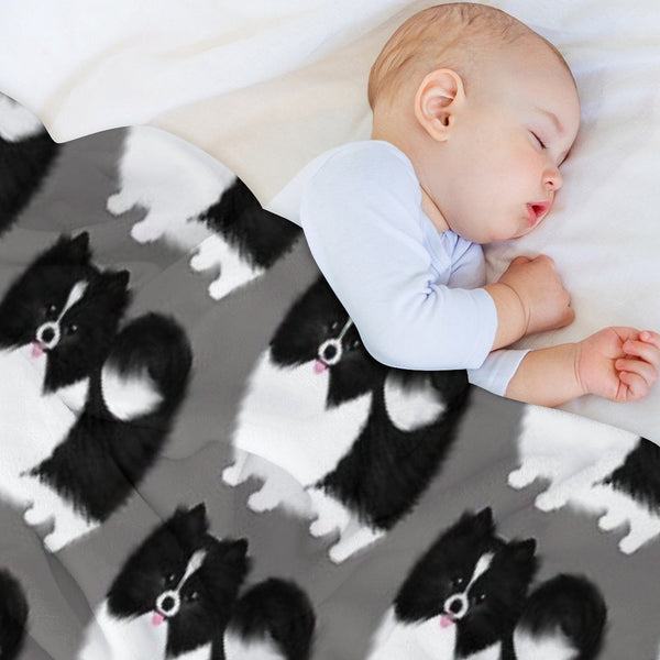 Black And White Parti Pomeranian  Cute Black And White Fluffy Dog Durable Throw Blanket