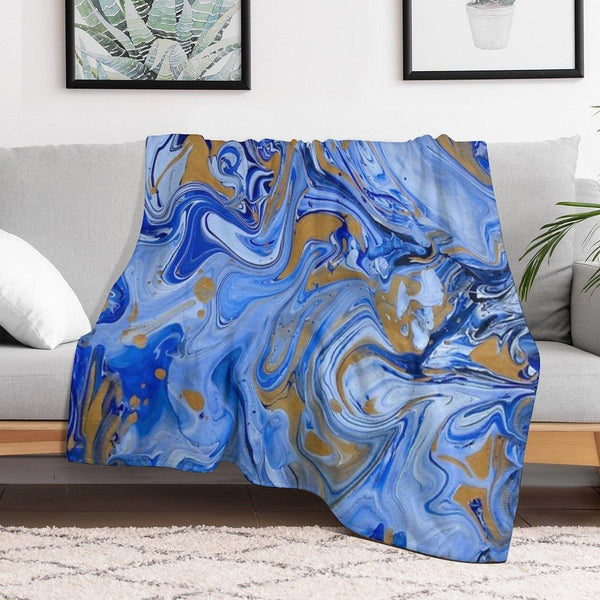 Blue And Gold Sky Swirl Acrylic Painted Art Throw Blanket