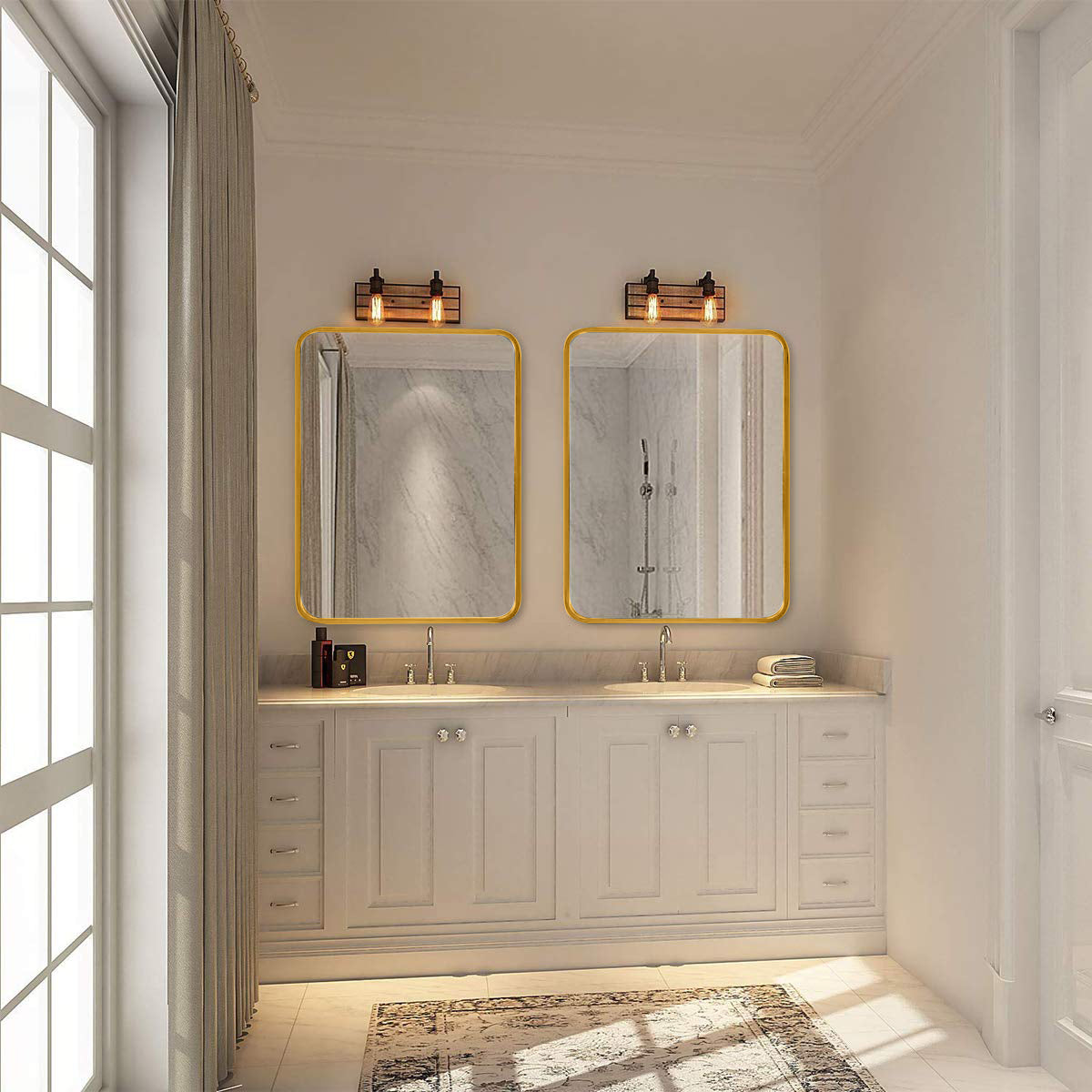 22x30 Inch Gold Metal Framed Rectangular Bathrrom Mirror for Wall. Vtng Furniture