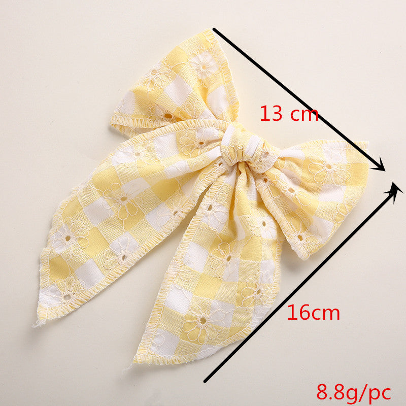 Children's Headwear Girl Plaid Cotton Embroidery Bow Hairpin Big Swallowtail Hairpin