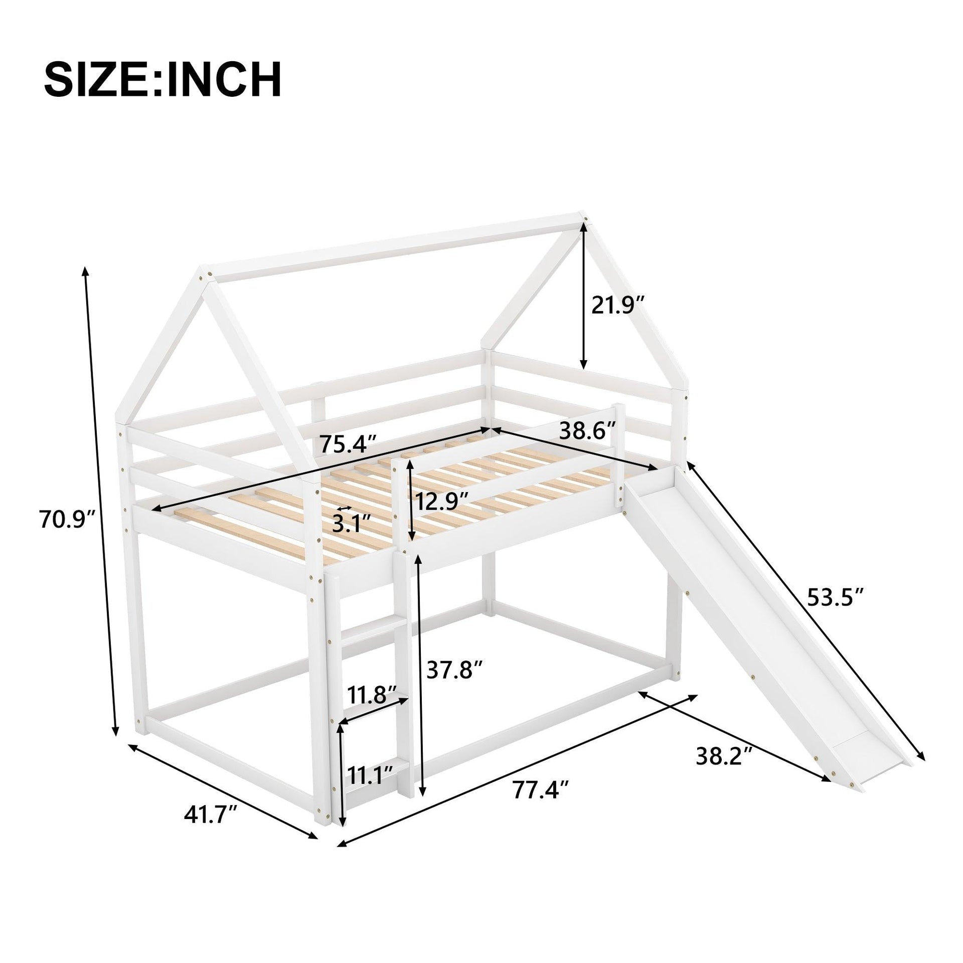 Twin Size Bunk House Bed with Slide and Ladder White
