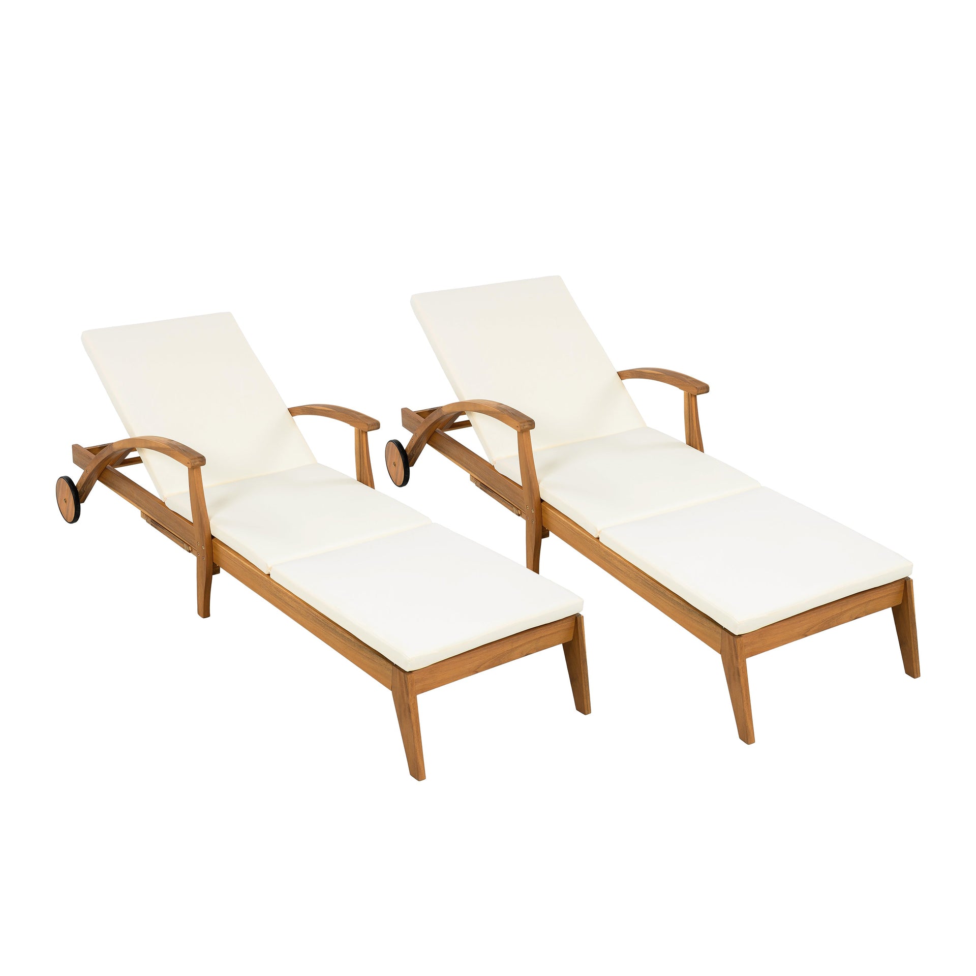 Versatile Chaise Lounge with Wheels - Acacia Wood Recliner for Patio, Cream Cushion, Adjustable Backrest