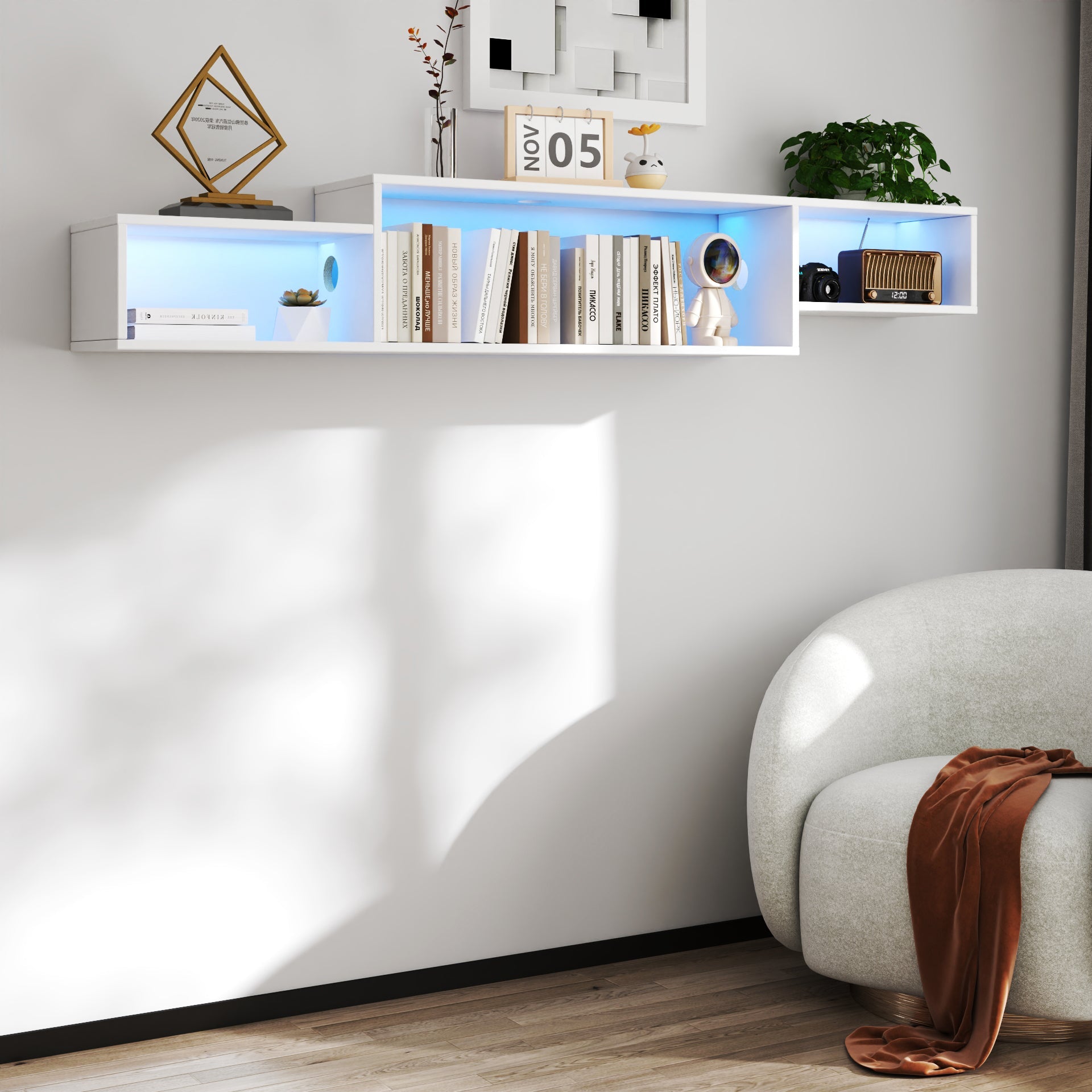 Wall Mounted Floating TV Stand with LEDs and Charging Station for Living Room