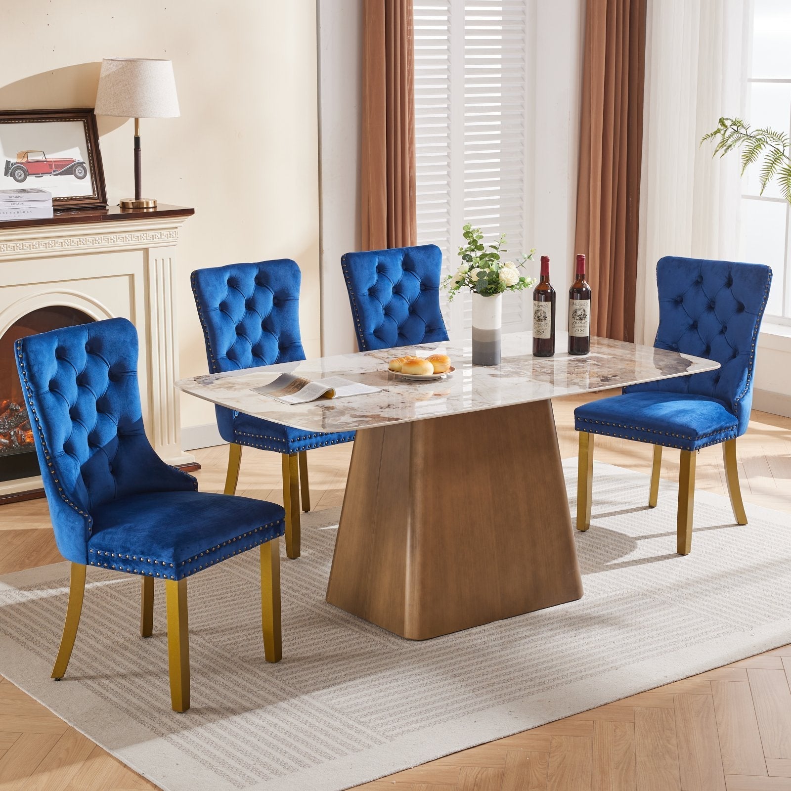 Mid-Century Modern Tufted Solid Wood Velvet Dining Chair with Lion Head Pull Ring