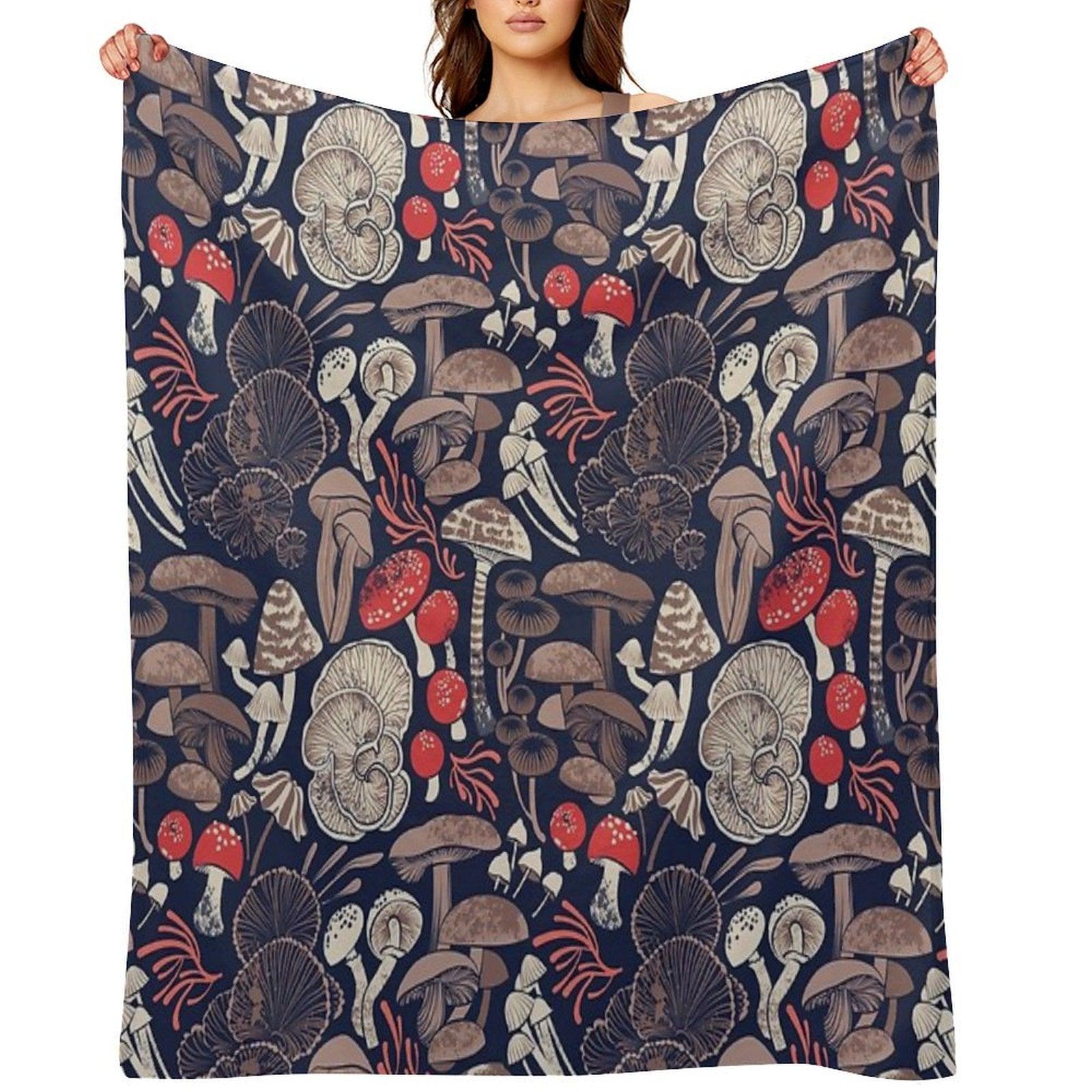 Mystical Fungi  Midnight Blue Background Brown Red And Coral Wild Mushrooms Throw Blanket