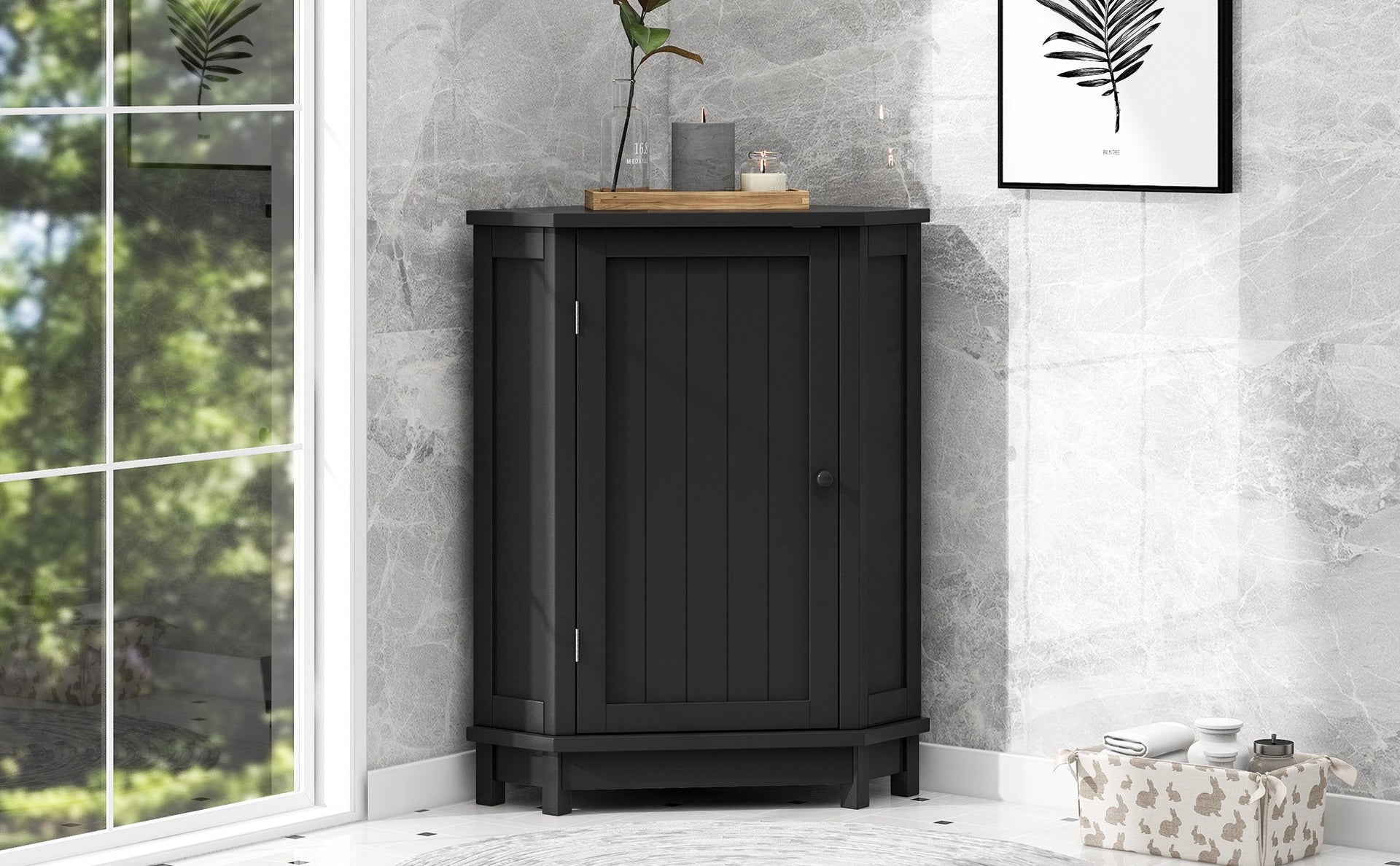 Black Bathroom Cabinet Triangle Corner Storage Cabinet with Adjustable Shelf Modern Style MDF Board