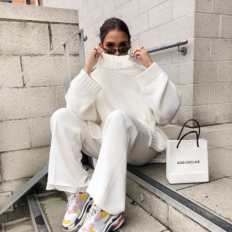 Knitted pullover loose irregular thick sweater high neck knitted sweater