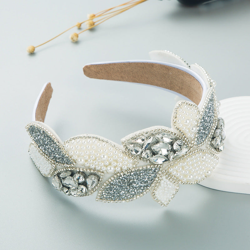 Headband Fashion Ball Rhinestone Pearl Leaf-Shaped Baroque Headband Exaggerated Wide-Brimmed Hair Accessories