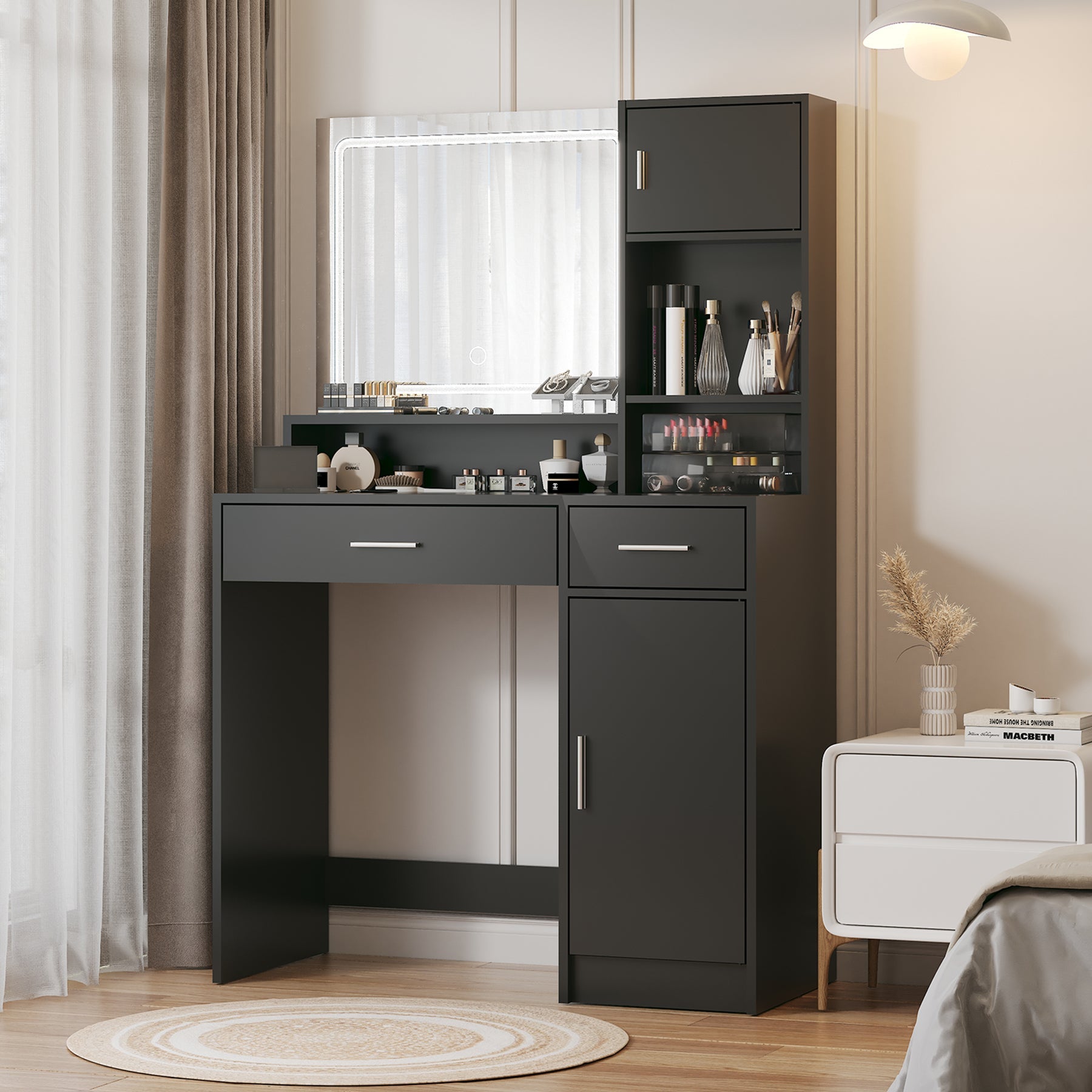 Vanity Desk with Mirror, LED Light Strip, Large Drawer & 3-Level Storage