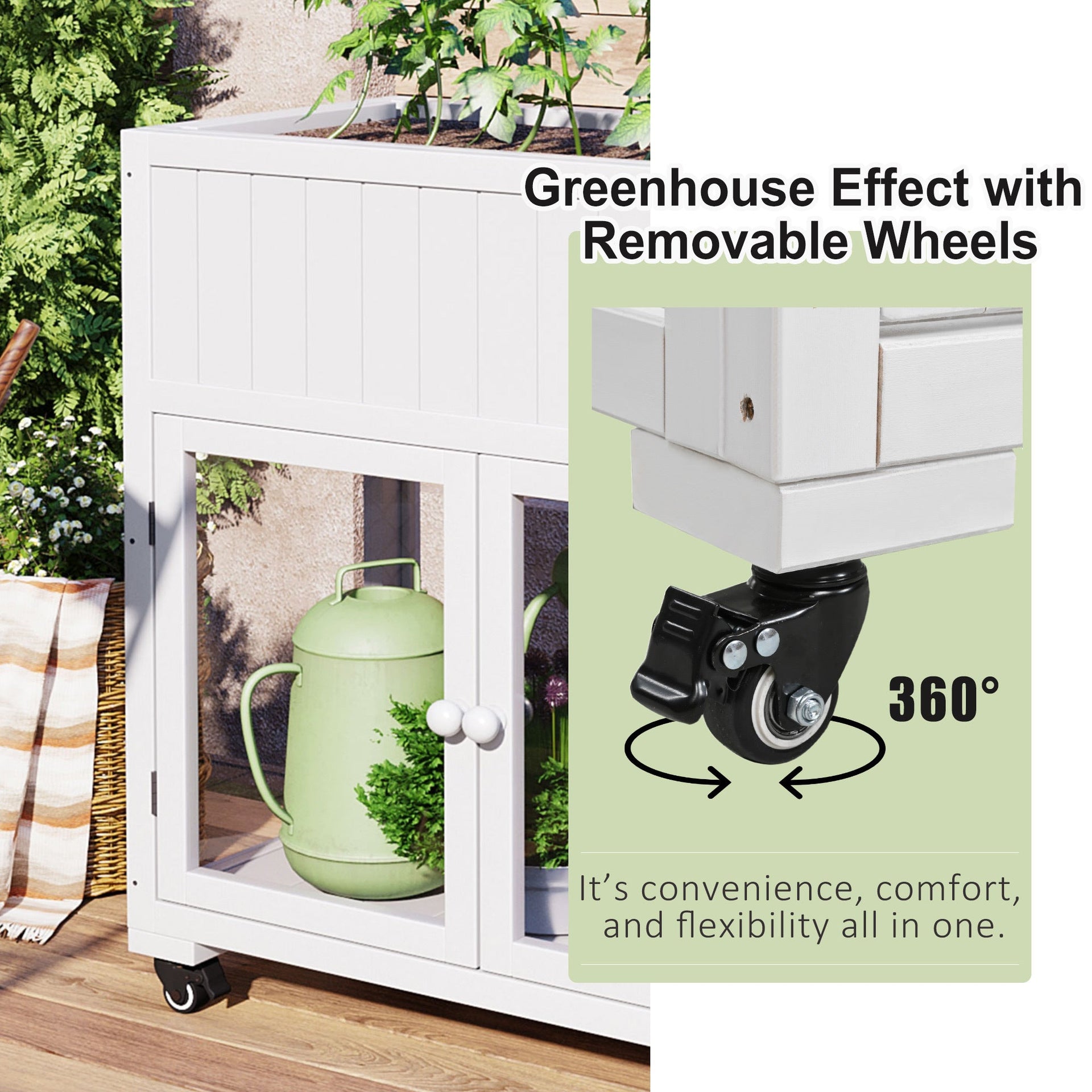 Patio 35.4''x17.7''x37.4'' Mini Wood Cold Frame, Compact 2 Doors Garden Greenhouse with Wheels, Raised Bed with Liner for Indoor Outdoor Use, White