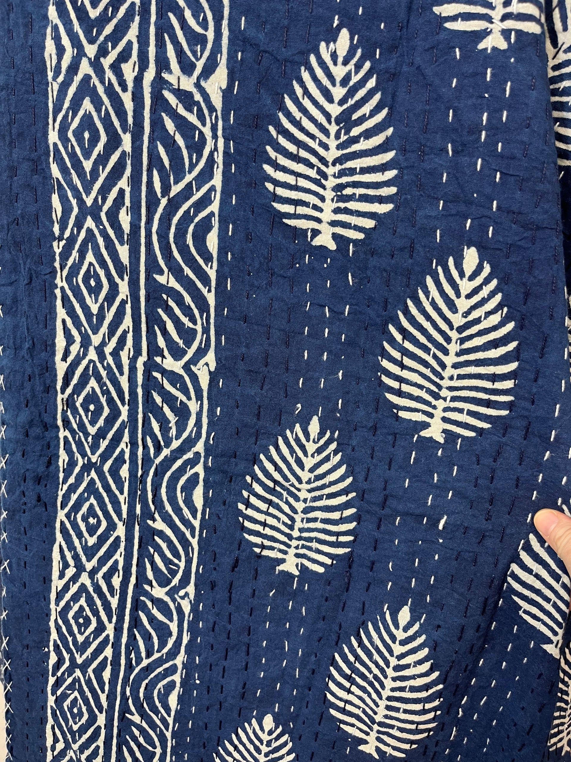 Indigo Leaves Block Print Cotton Kantha Quilt (Events)