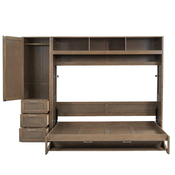 Full Size Murphy Bed with Wardrobe, Drawers and Open Shelves, Antique Grey