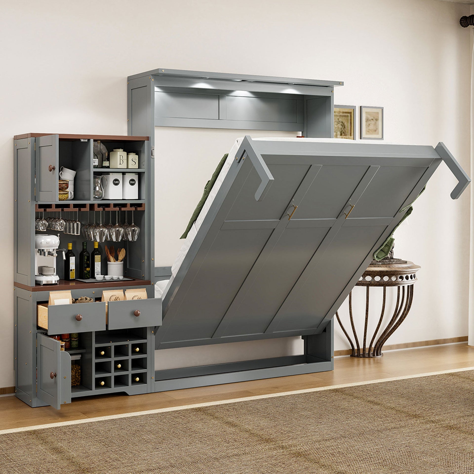Murphy Bed with Storage Cabinet, Wine Rack, Glass Holder, Drawers & Multi-Color LED Strip