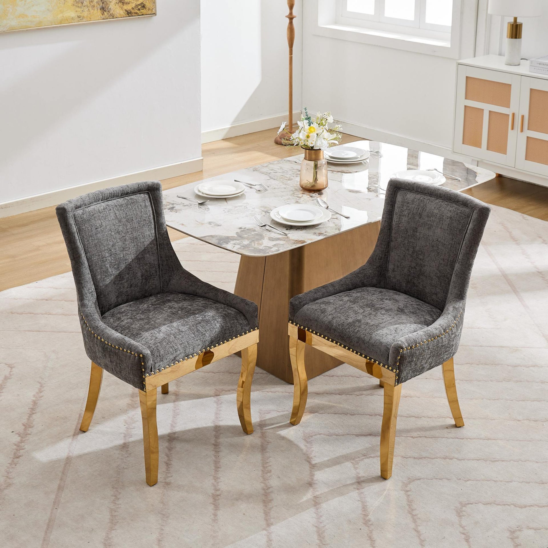 Chenille Dining Chairs Modern Style with Curved Gold-Plated Legs & Rivet Trim