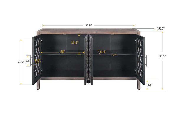 Hollow Four Door Antique Cabinet, American Country Style, Suitable for Living Room, TV Cabinet, Kitchen (Brown)