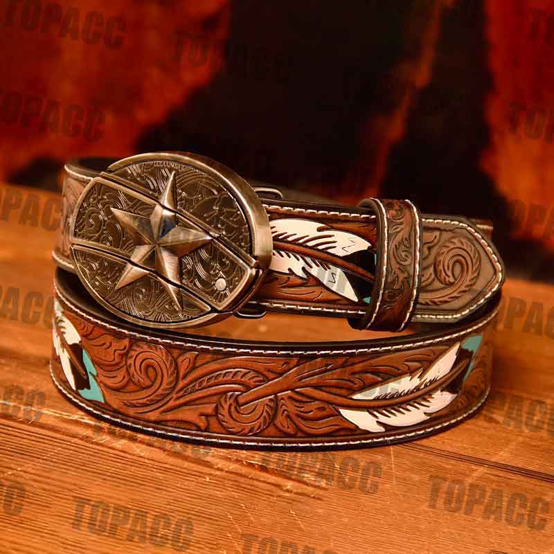 Waist 42-46 inch Western Leather Feather Belt - Block Buckle