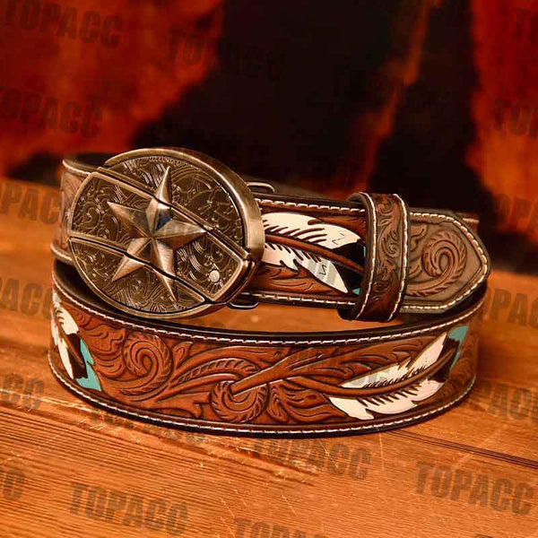 Waist 42-46 inch Western Leather Feather Belt - Block Buckle