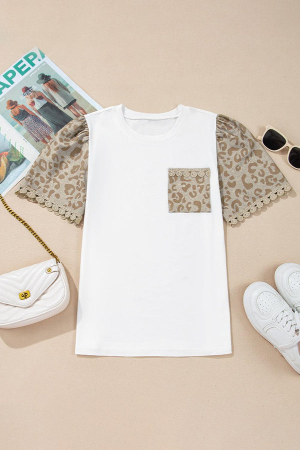 Leona Leopard Lace Trim Puff Sleeve Top