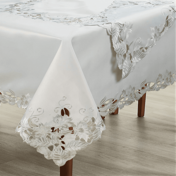 European Embroidered Table Topper – Rustic Gray Tablecloth for Dining Protection