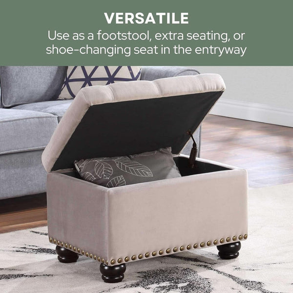 24 Inch Velvet Textured Light Taupe Storage Ottoman