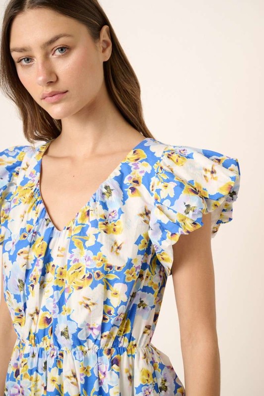 New Summer Floral V-Neck Cap Sleeve Mini Dress For Women – Charming Floral Print Mini Dress with V-Neckline and Cap Sleeves