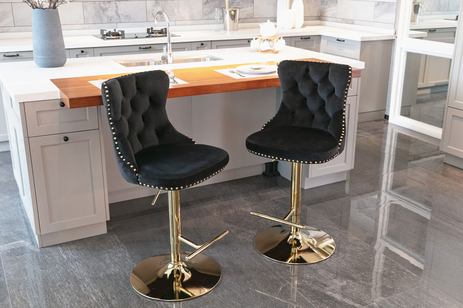 Golden Swivel Velvet Adjustable Barstools with Backs Upholstered Tufted for Home Pub