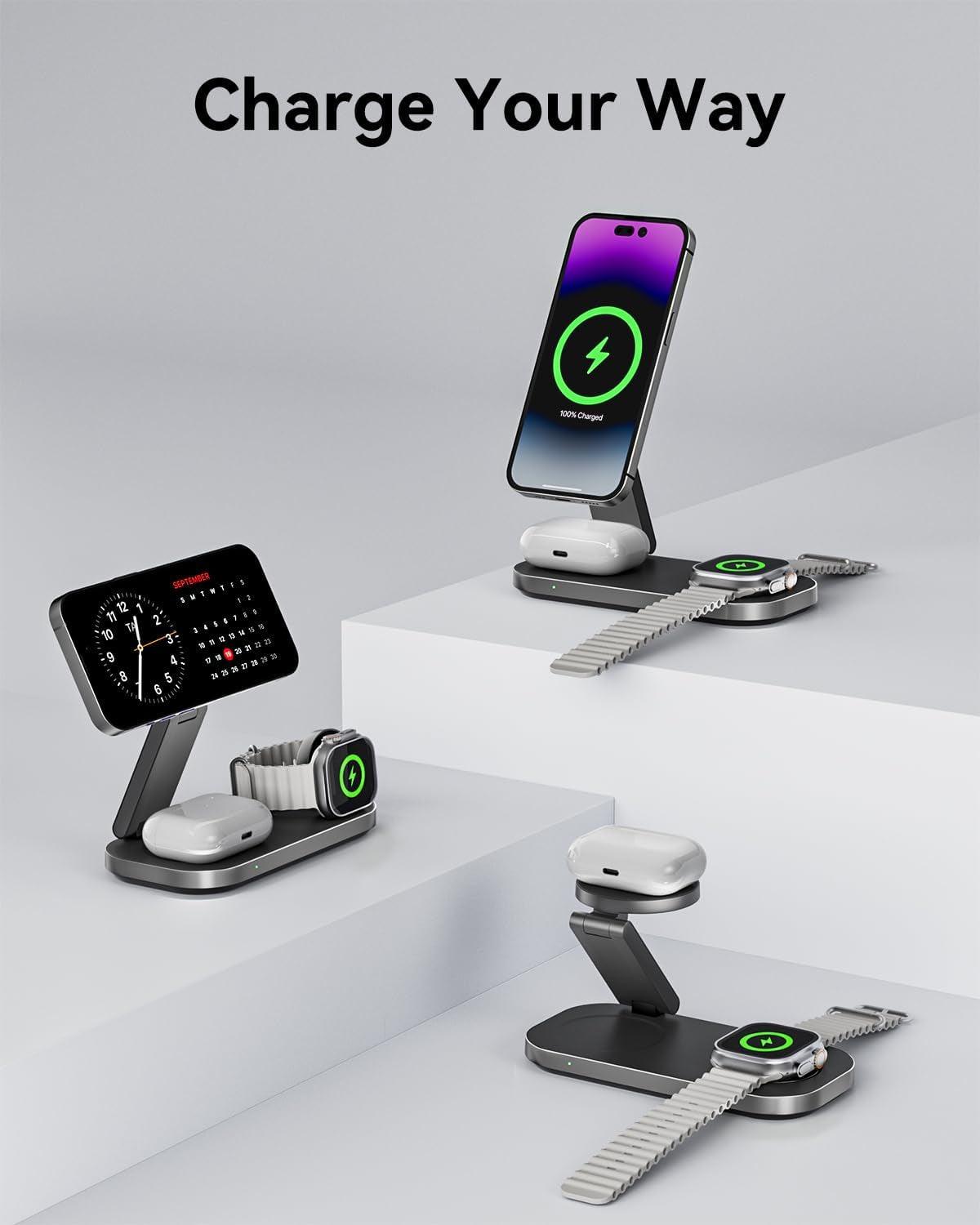 3-In-1 Charging Station for Apple Device, Qi2 25W Certified Magnetic Wireless Foldable Fast Charger Stand Compatible with Magsafe for Iphone 17E/17/16/15/14/13/12/Air Series, Apple Watch & Airpods