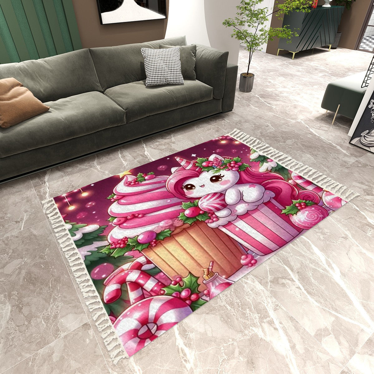 Christmas pink unicorn Area Rug with Tassels (8:5) ChristmasLoving.Shop