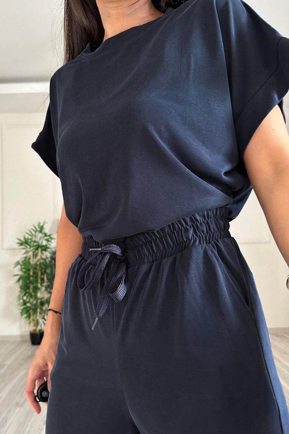 Round Neck Short Sleeve Top and Drawstring Pants Set for Women
