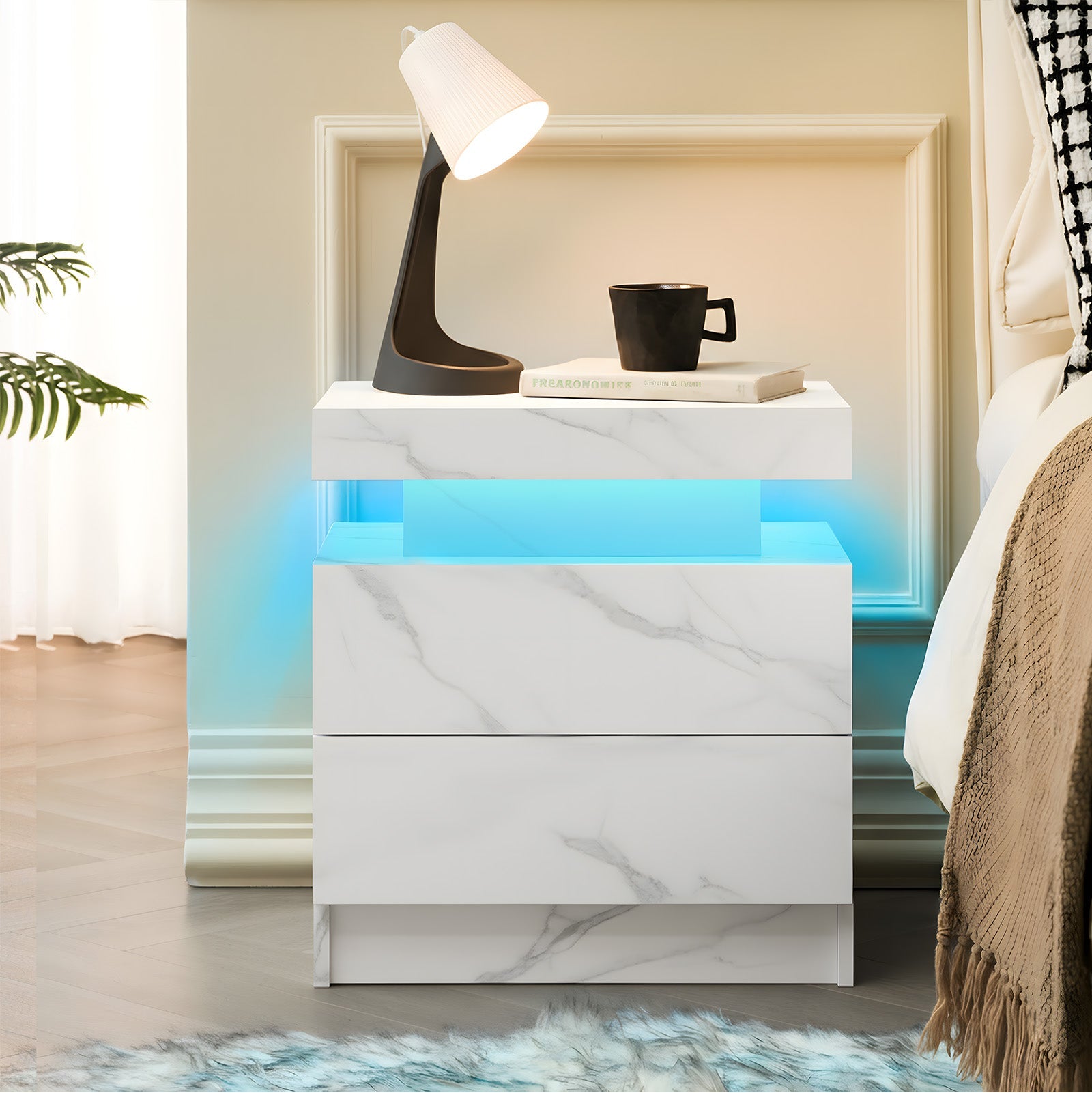 Modern LED Bedside Table Cabinet - White Stone